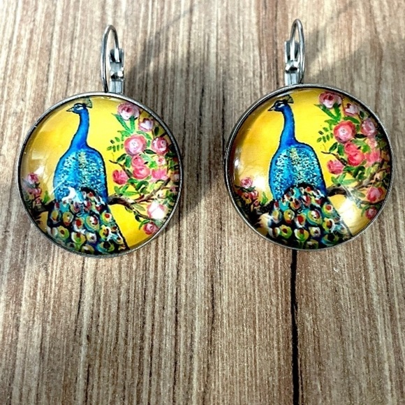 Vintage Style Peacock Print Stainless Steel French Clasp Earrings, 25mm, NWT - Picture 2 of 5